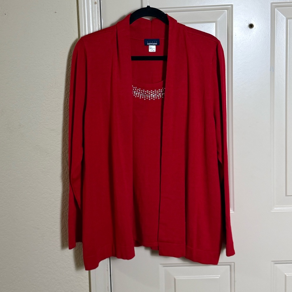NEW Basic Editions Red Top Long Sleeves Rhinestones Neck Line Size XXL